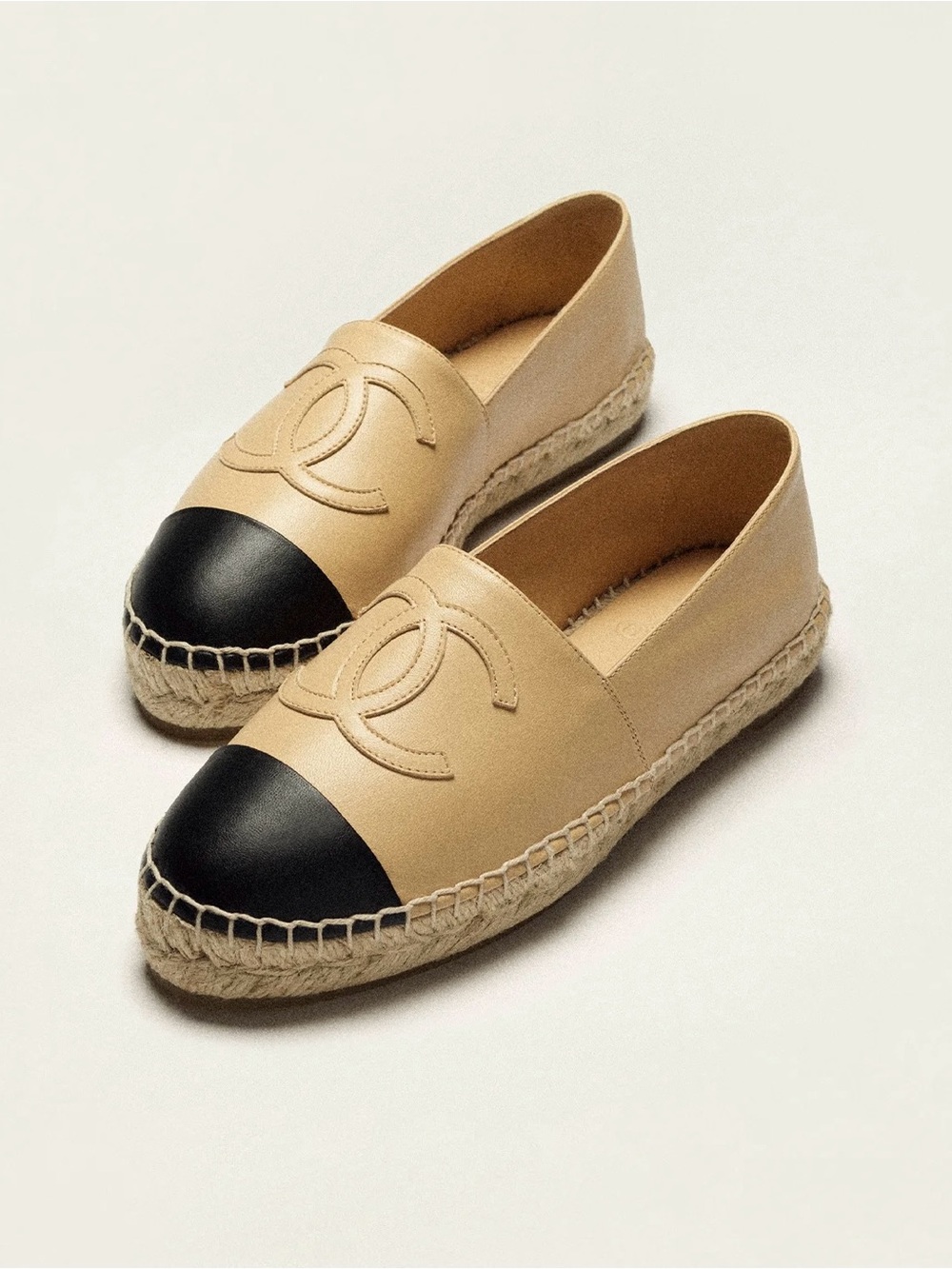 CHANEL Lambskin Beige & Black Leather Espadrilles
